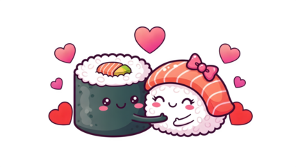 Valentine's day sushi couple kissing isolated on transparent background