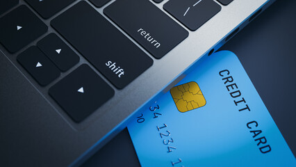 Credit Card Near Laptop Keyboard Online Shopping Payment. 3d rendering