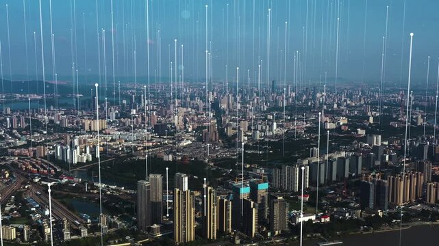 smart Connected city skyline. Futuristic network concept, city Technology.