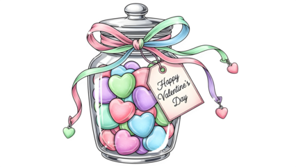 Colorful valentine's day hearts in a jar isolated on transparent background