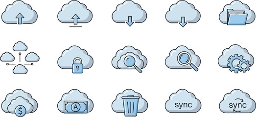 Fototapeta premium Set of blue water drops and weather icons with cloud sun and rain symbols for meteorology forecast design illustration