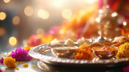 An elegant Maharashtrian-style festive Niramish Thali with iconic dishes like Puran Poli, Batata Bhaji, Koshimbir, and Aamras, on blurred background