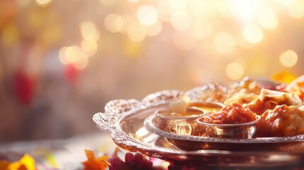 An elegant Maharashtrian-style festive Niramish Thali with iconic dishes like Puran Poli, Batata Bhaji, Koshimbir, and Aamras, on blurred background
