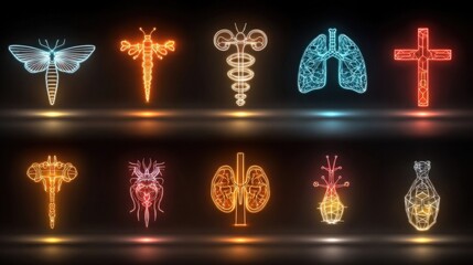Neon hormone icons glowing with biological structure symbols, vibrant neon concept for medical, endocrinology, or anatomy visuals