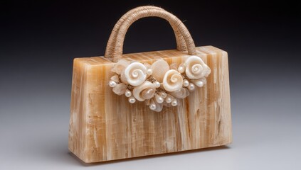 Ornate calcite handbag features seashell and pearl embellishments.