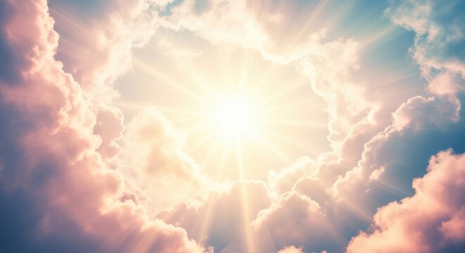 A bright, sunny sky with fluffy white clouds and a radiant sun shining through.