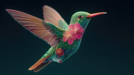 Obraz premium Neon hummingbird design glowing with vibrant colors, delicate neon wildlife art, digital bird illustration with electric green and pink strokes for modern digital assets