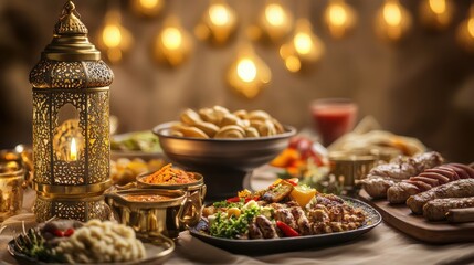 Ramadan feast setup with traditional foods like maqluba, kebabs, harira soup, and Arabic coffee, golden lanterns and festive decor, blur background