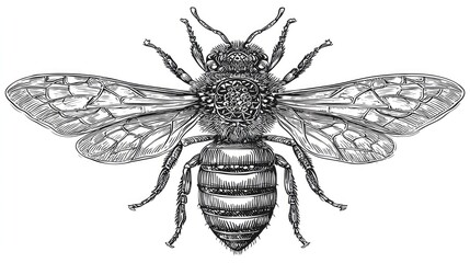 Detailed, highly textured, engraved style illustration of a flying insect positioned symmetrically against a white background.