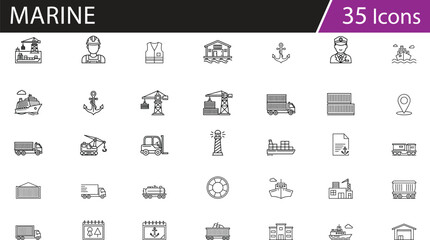 Grid of 40 black line icons for maritime, shipping, and logistics, ideal for transport and supply chain vector illustration content