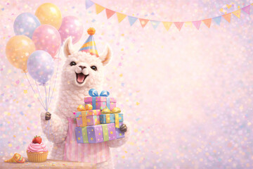 Urocza alpaka z prezentami i balonami na pastelowym tle