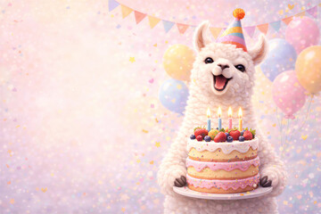 Urocza alpaka z tortem urodzinowym na pastelowym tle