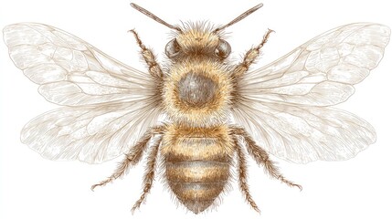 Detailed top-down engraving illustration depicts a fuzzy flying insect with detailed wings