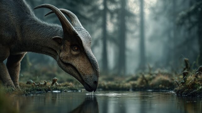 close-up of parasaurolophus drinking from a forest pond, reflection in water, surrounded by primitive amphibians, cinematic focus