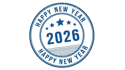 Happy New Year 2026 stamp with blue ink and stars on white background