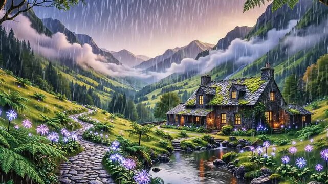 Moonlit alpine cottage glows beside a reflective stream   amid purple flowers and snowcapped peaks.!