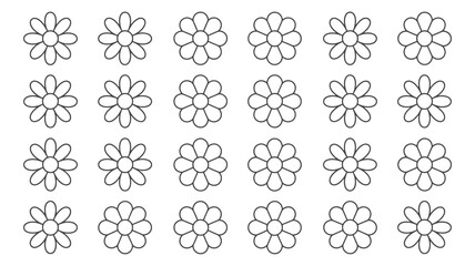 Grid of simple outlined daisy like flowers with identical petals on a plain white surface