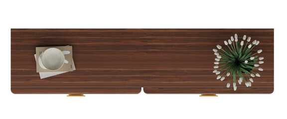 Modern Wooden Console Table with Decorative Vase and Books, Top View, Isolated PNG Interior Furniture with Natural Shadow