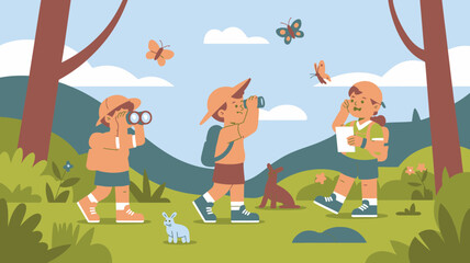 Naklejka premium Happy children exploring a vibrant forest landscape, observing butterflies and a small dog with binoculars
