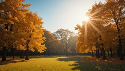 Golden autumn trees basking in warm sunlight on a clear day