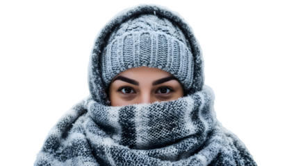 Woman wearing a knitted hat and scarf covered in frost or snow on a cold winter day isolated on transparent background