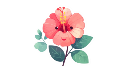 Cartoonish, smiling pink flower with leaves on a black background, sticker-like