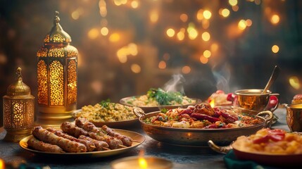 An elegant Ramadan feast setup with traditional foods like maqluba, kebabs,  on blurred background