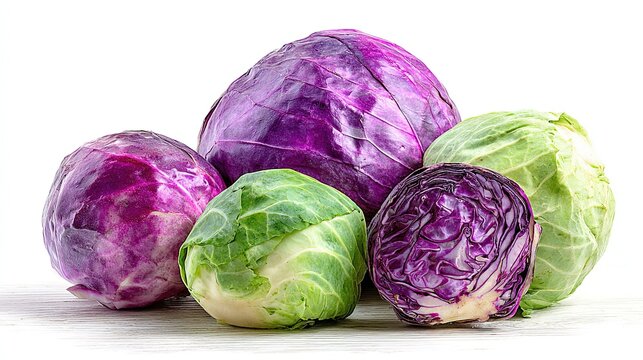Five whole cabbages two purple and three green clustered on a light wooden surface
