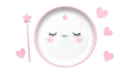 A whimsical, smiling face decorates a plate with a pink rim, wand, and heart accents