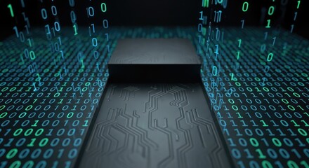 A computer chip with binary code on a dark background.