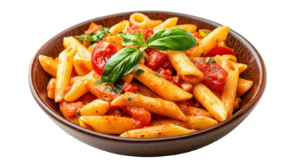 A plate of pasta with tomato sauce and basil. The pasta is long, and the sauce is red