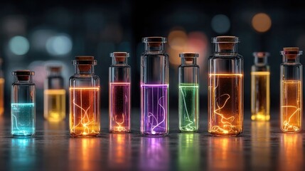 Neon lab test tubes glowing with colorful electric lines, stylized laboratory science scene with glowing glass containers for chemistry visuals