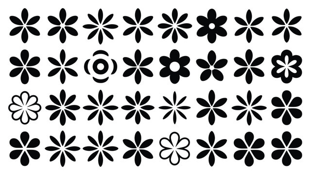 Many diverse black flower silhouette icons forming a structured grid on a plain white backdrop