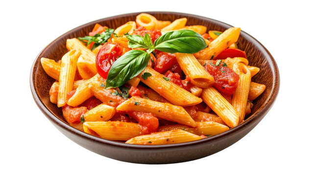 A plate of pasta with tomato sauce and basil. The pasta is long, and the sauce is red