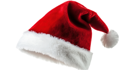 
A red and white Santa hat with a white pom pom on top
