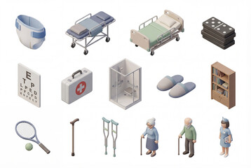 Nursing home and elderly care isometric 3d icon collection isolated on white background. Medical and senior life icons including nurse, grandmother, stretcher and wheelchair