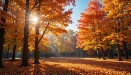 Vibrant autumn forest with golden sunlight filtering through trees
