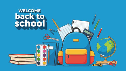Back to school supplies arranged on blue background with welcome message