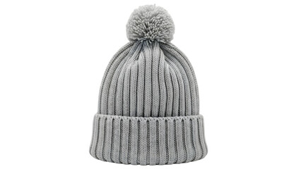 A gray knit beanie with a pom pom on top isolated on transparent background