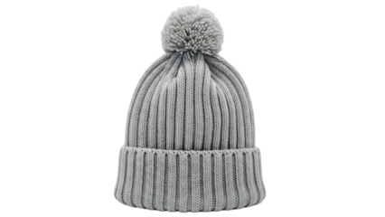A gray knit beanie with a pom pom on top isolated on transparent background