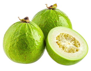 Three green fruits, one sliced, revealing inner texture