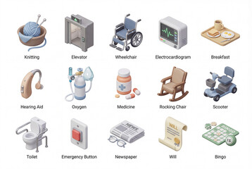 Nursing home and senior lifestyle isometric 3d icon collection isolated on white background. Elderly care icons including walker, retirement home, pills and blood pressure monitor