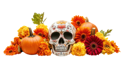 
A skull is surrounded by flowers and pumpkins, creating a spooky
