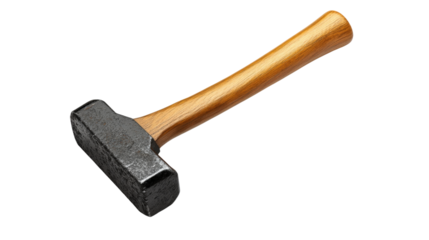 A hammer with a wooden handle is shown on a white background