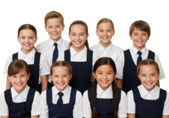 Group of children in school uniforms isolated on transparent background