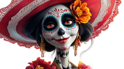 A woman with a red hat and a white background