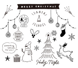 落書き風クリスマスのイラスト スノーマン ツリー 白い背景