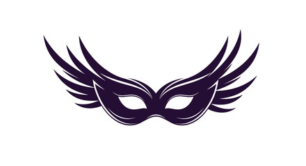 An elegant and mysterious masquerade mask with feathered wings, rendered in a dark purple brush stroke style for a carnival or party.