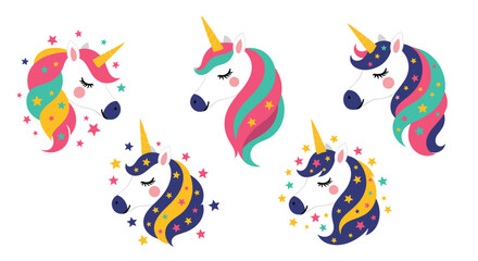 A cute collection of five cartoon unicorn heads with colorful manes and horns, surrounded by stars for a magical fairytale theme.