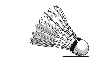 A highly detailed black and white illustration of a badminton shuttlecock with feathers, drawn in a classic engraving or woodcut style.